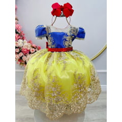 Vestido Infantil Branca de Neve Com Renda Dourada Festas