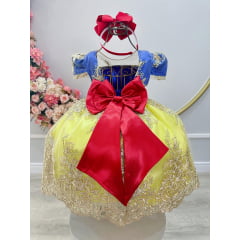Vestido Infantil Branca de Neve Com Renda Dourada Festas