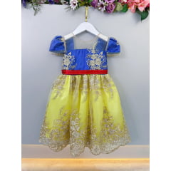 Vestido Infantil Branca de Neve Com Renda Dourada Festas