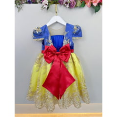 Vestido Infantil Branca de Neve Com Renda Dourada Festas