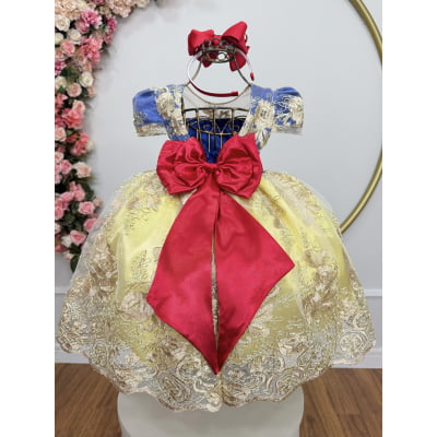 Vestido Infantil Branca de Neve Com Renda Dourada Festas