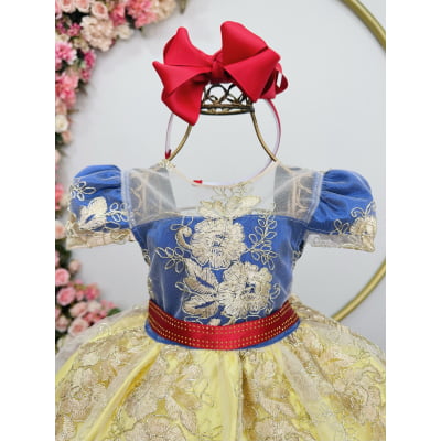 Vestido Infantil Branca de Neve Com Renda Dourada Festas