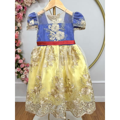 Vestido Infantil Branca de Neve Com Renda Dourada Festas