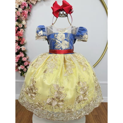 Vestido Infantil Branca de Neve Com Renda Dourada Festas