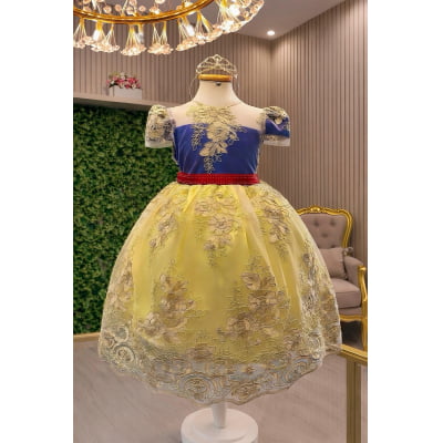 Vestido Infantil Branca de Neve Com Renda Dourada Festas
