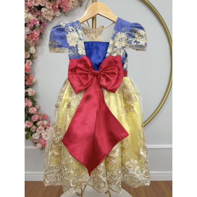 Vestido Infantil Branca de Neve Com Renda Dourada Festas