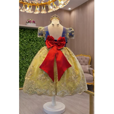 Vestido Infantil Branca de Neve Com Renda Dourada Festas