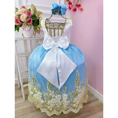 Vestido Infantil Branco Com Azul e Renda Realeza Daminhas