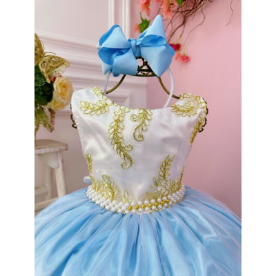 Vestido Infantil Branco Com Azul e Renda Realeza Daminhas