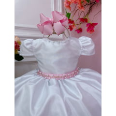 Vestido Infantil Branco Florido Rosas e Cinto Strass Pérolas
