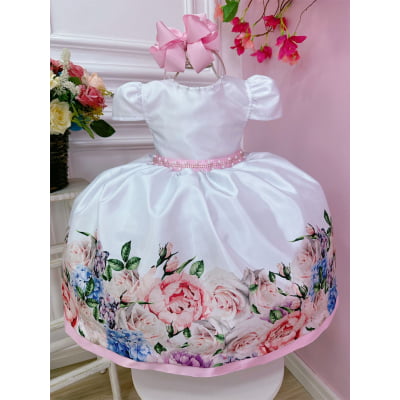 Vestido Infantil Branco Florido Rosas e Cinto Strass Pérolas