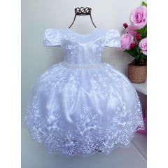 Vestido Infantil Branco Realeza Renda Princesas Festa Luxo