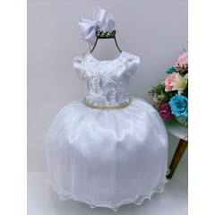 Vestido Infantil Branco Renda Busto Cinto Strass Luxo