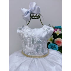 Vestido Infantil Branco Renda Busto Cinto Strass Luxo