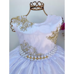 Vestido Infantil Branco Renda Dourada Realeza Luxo Longo