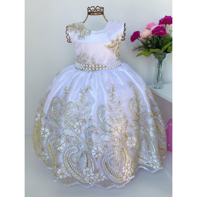 Vestido Infantil Branco Renda Dourada Realeza Luxo Longo