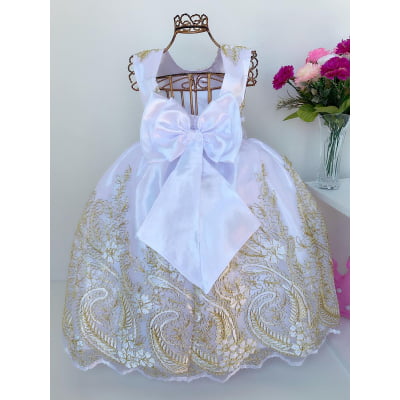 Vestido Infantil Branco Renda Dourada Realeza Luxo Longo
