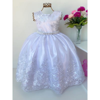 Vestido Infantil Branco Renda Prata Realeza Luxo Longo