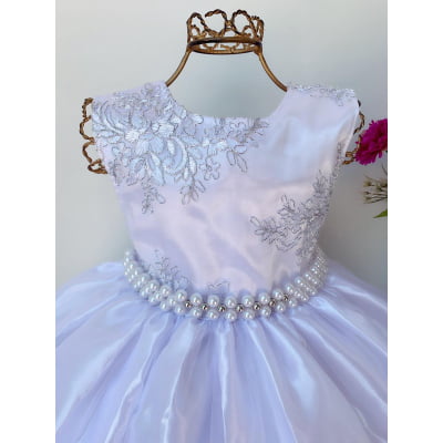 Vestido Infantil Branco Renda Prata Realeza Luxo Longo