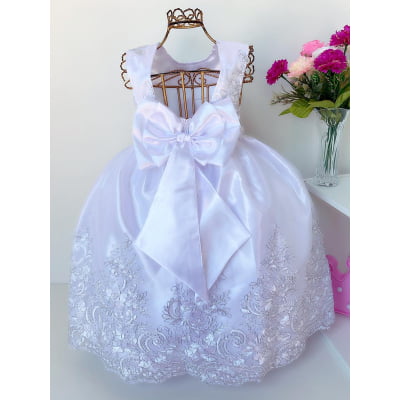 Vestido Infantil Branco Renda Prata Realeza Luxo Longo