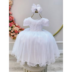 Vestido Infantil Branco Tule C/ Renda Casamento Luxo