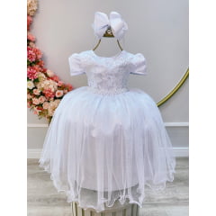 Vestido Infantil Branco Tule C/ Renda Metalizada Casamento