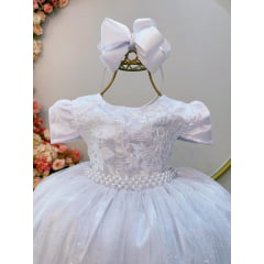 Vestido Infantil Branco Tule C/ Renda Metalizada Casamento