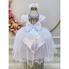 Vestido Infantil Branco Tule C/ Renda Metalizada Casamento