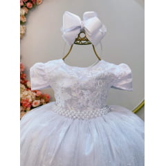 Vestido Infantil Branco Tule C/ Renda Metalizada Casamento