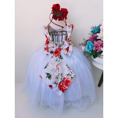 Vestido Infantil Damas Florista Branco Luxo Floral Vermelho