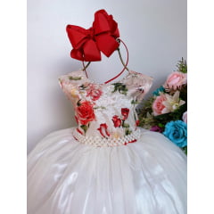 Vestido Infantil Damas Florista Marfim Luxo Floral Vermelho