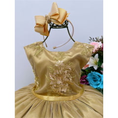 Vestido Infantil Dourado Com Renda Busto Cinto Strass Luxo