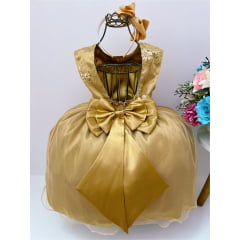 Vestido Infantil Dourado Com Renda Busto Cinto Strass Luxo