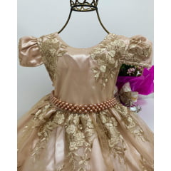 Vestido Infantil Dourado Renda Princesas Realeza Luxo Festa