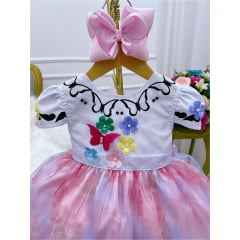 Vestido Infantil Encanto Aplique Flores Borboletas Floral Jardim Rosa