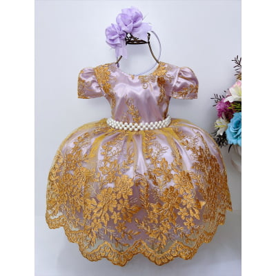 Vestido Infantil Lilás Renda e Tule Dourado Realeza Damas Vestido Infantil Lilás Renda e Tule Dourado Realeza Damas