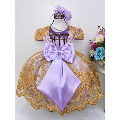 Vestido Infantil Lilás Renda e Tule Dourado Realeza Damas