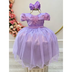 Vestido Infantil Lilás Tule C/ Renda Metalizada Casamento