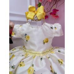 Vestido Infantil Marfim Florido Amarelo C/ Cinto de Pérolas