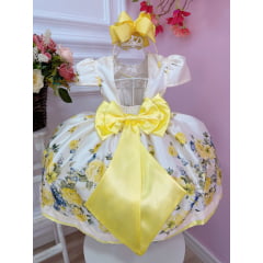 Vestido Infantil Marfim Florido Amarelo C/ Cinto de Pérolas