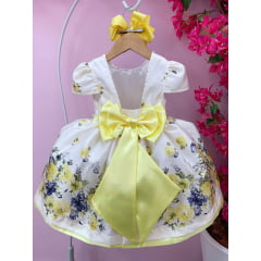 Vestido Infantil Marfim Florido Amarelo C/ Cinto de Pérolas