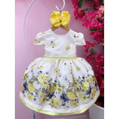 Vestido Infantil Marfim Florido Amarelo C/ Cinto de Pérolas