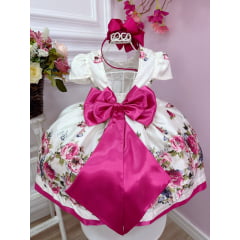 Vestido Infantil Marfim Florido Pink C/ Cinto de Pérolas