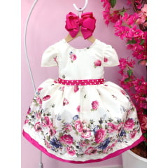Vestido Infantil Marfim Florido Pink C/ Cinto de Pérolas