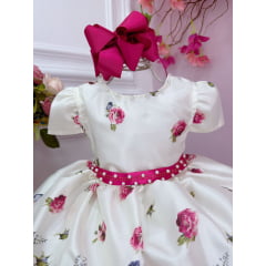 Vestido Infantil Marfim Florido Pink C/ Cinto de Pérolas