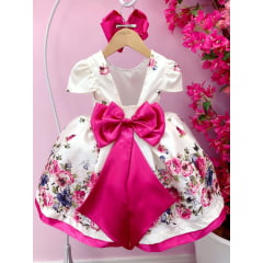 Vestido Infantil Marfim Florido Pink C/ Cinto de Pérolas