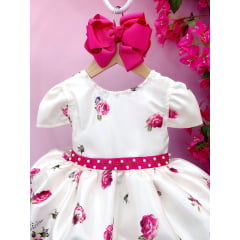 Vestido Infantil Marfim Florido Pink C/ Cinto de Pérolas