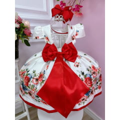 Vestido Infantil Marfim Florido Vermelho C/ Cinto de Pérolas
