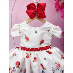 Vestido Infantil Marfim Florido Vermelho C/ Cinto de Pérolas