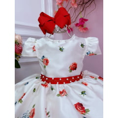 Vestido Infantil Marfim Florido Vermelho C/ Cinto de Pérolas